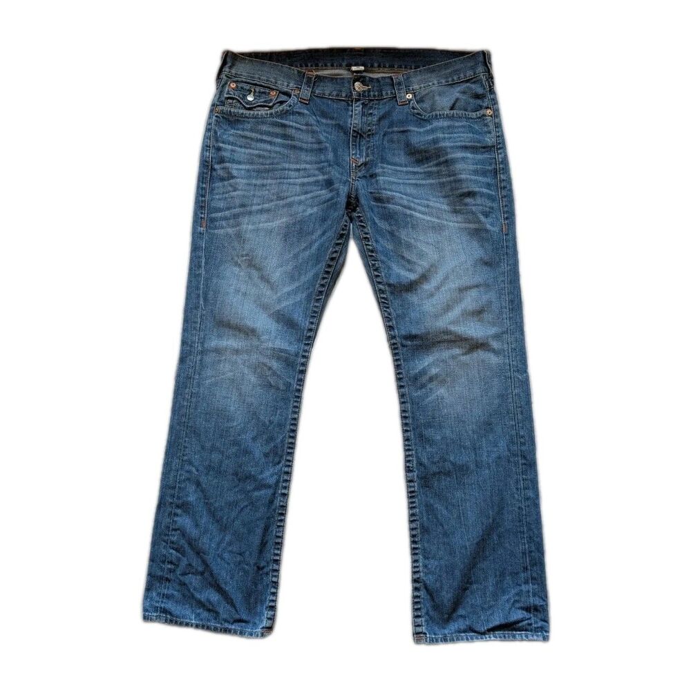 True Religion Men's Blue Jeans Size 40 (42x34) Straight Leg Cut Wide Cuff Denim